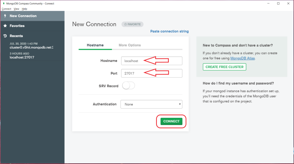 new connection details of mongodb compass